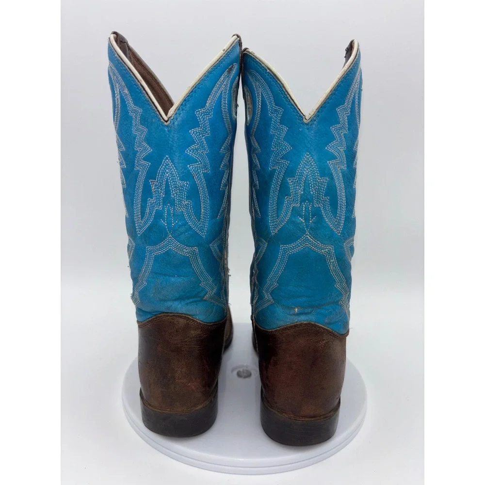 JUSTIN Kids Cowboy Boot Western Little Boy Youth 2 Brown Blue Leather Square Toe